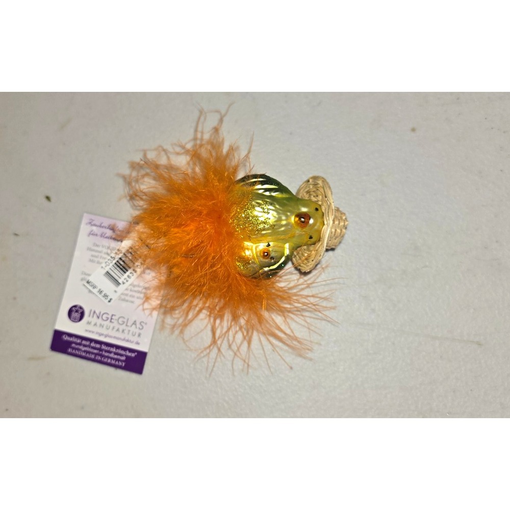 Inge-Glas glass bird Christmas ornament with orange feathers, hanging 3 in